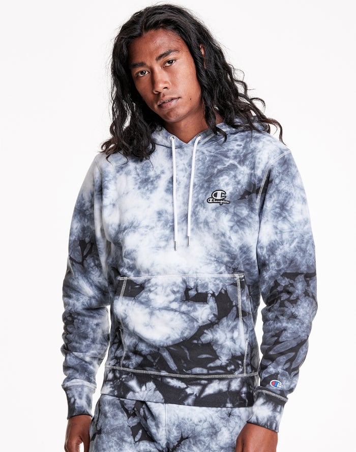 Champion Herre Hættetrøje Hvide/Sort - Galaxy Dye Embroidered C & Script Applique - Danmark XNK-6537